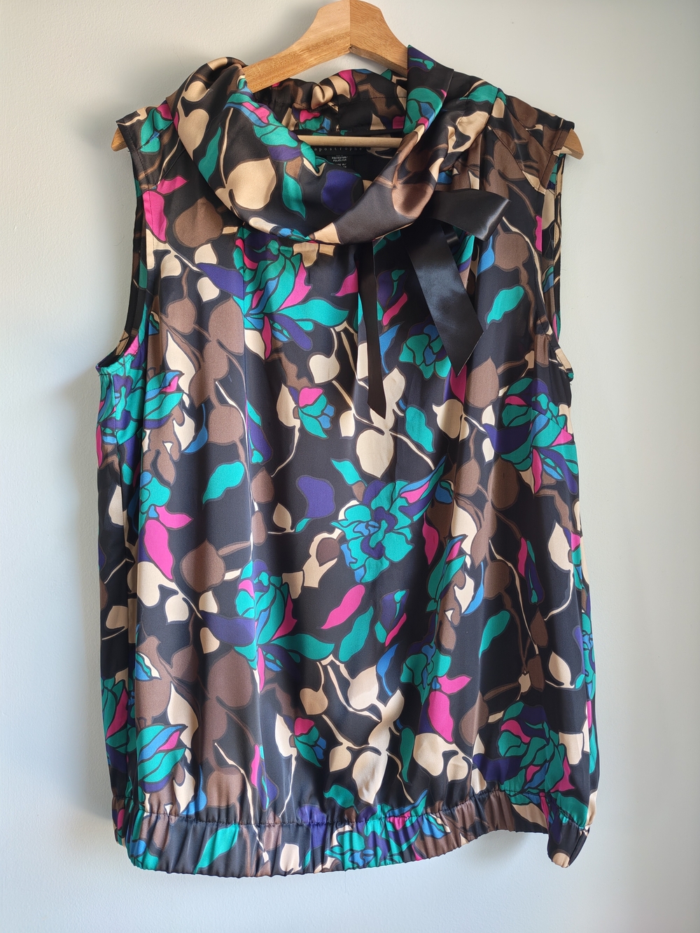 Nine West Sleeveless Floral Satin Tie-Neck Top - Black Teal Multi Size XL